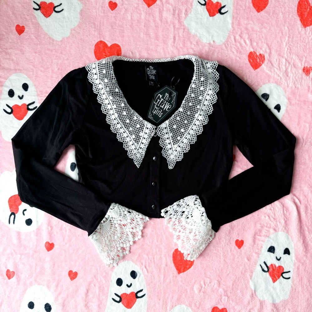 nwt dolls kill grave girls black whitejust my type lace collared top M cardigan